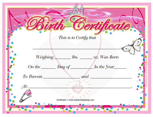 Pink Birth Certificate Template