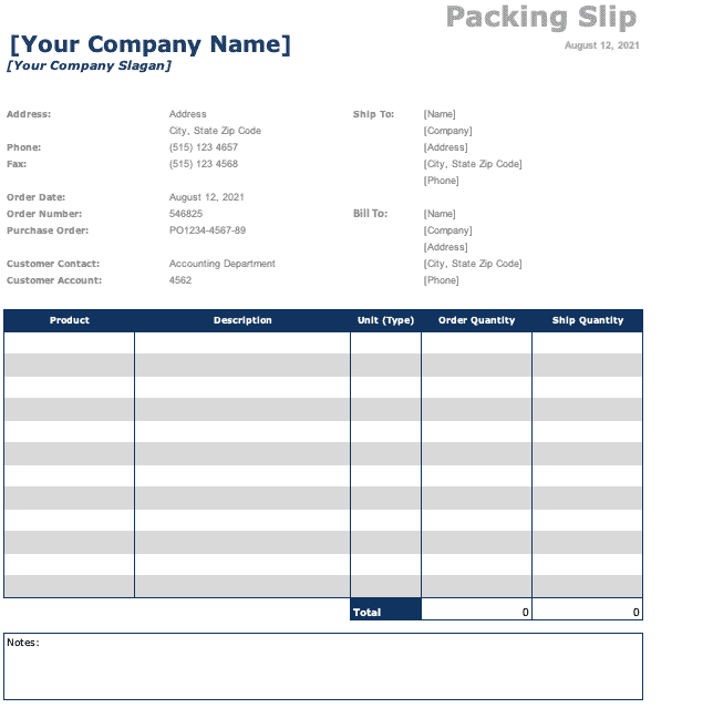 Company Packing Slip Template