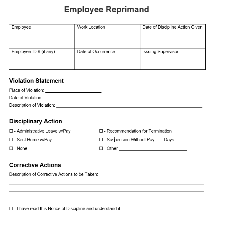 Employee Reprimand Form